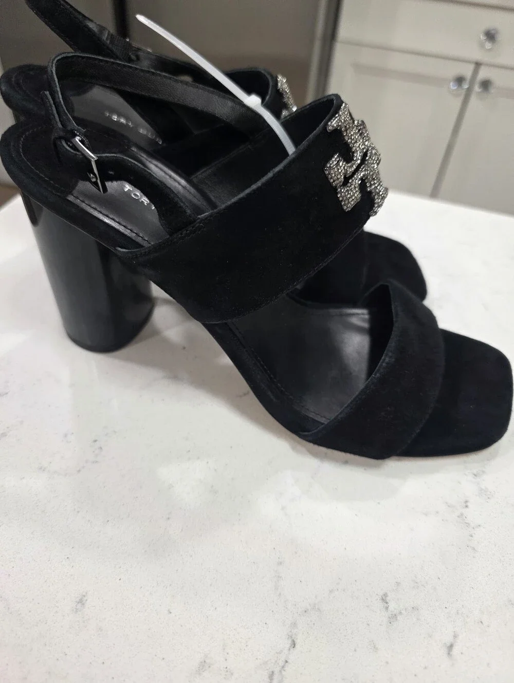 Tory Burch Eleanor Pave Heel Sandal in Black Velvet Leather Rt-428$ Sz-8.5